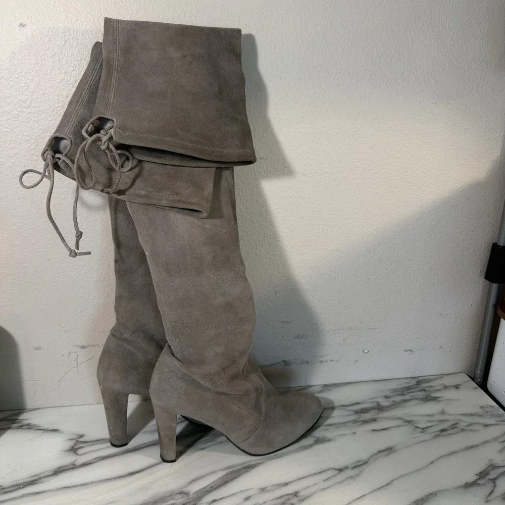 Stuart Weitzman HIGHLAND Stretch Suede Over Knee Boots Tan SZ 9.5 Womens Heeled